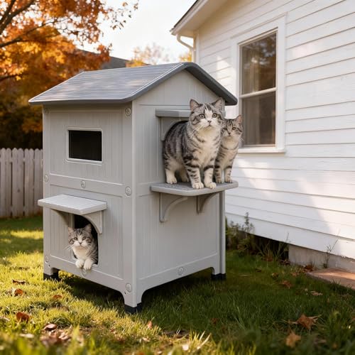 Weatherproof Outdoor Insulated Cat House for Feral Multi Cat 21.5' D x 21' W x 34' H, 2 Storey...