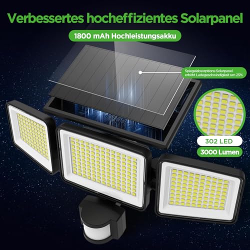 UME Solar-Außenleuchten, 302 LEDs, 1500 lm, wasserdicht, Bewegungsmelder, Außenleuchten, 3 Köpfe… – Ansicht 3