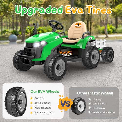 Image of ANPABO 24V Ride On Tractor for Kids w /Detachable Trailer, EVA Tires, Green