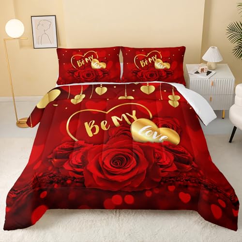 Image of QOOMO Red Rose Kids Bedding Set,Plant Print Comforter Set Full Size for Boys Girls Teen Room Decorat,Soft Lightweight Bed Set All Season,1 Comforter 2 Pillowcases