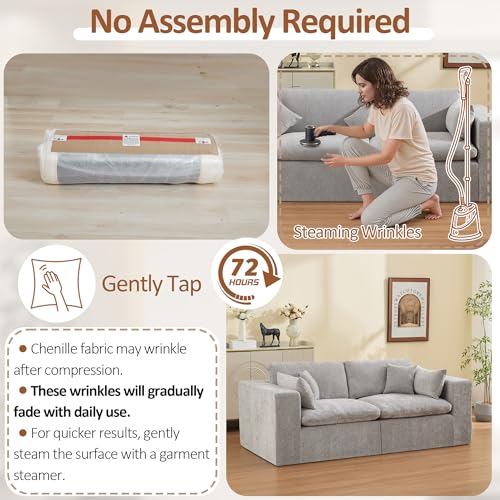 Image of 83''Cloud Boneless Sectional Couch, Modular Sectional Sofa Deep Seat, Upholstered Convertible Comfy Loveseat Chenille Memory Foam Sofa Couches for Living Room, Light Grey