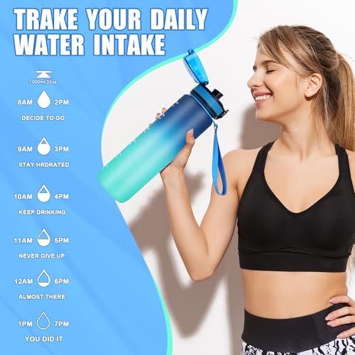 Gobravio Water Bottle 1L BPA Free Sports Drink Bottle Dishwasher Safe Canteen Bottle Leakproof Motivational Water Bottle with Time Markings