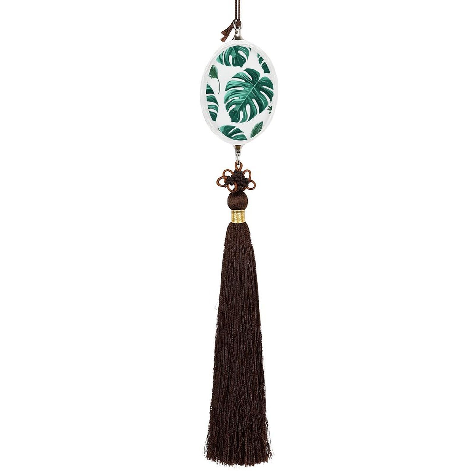 Crystal Car Pendant Charms Ellipse Crystal Rear View Mirror Charms Cyan Palm Leaves Auto Hanging Interior Ornament Pendant Car Interior Accessories for Women Men Auto Decor