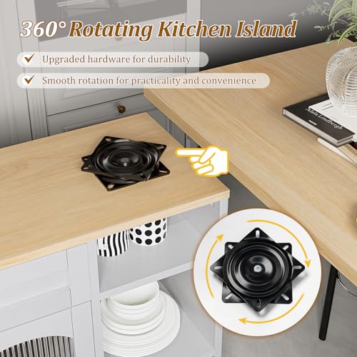 Image of LYNCOHOME 71.1 inch Rolling Kitchen Island with 360 Rotating Tabletop, Mobile Lockable Wheels & Adjustable Shelves, Multifunctional Storage Cart for Kitchen & Dining（White）