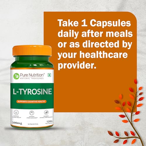Image of Pure Nutrition L Tyrosine (500mg), 120 Veg Capsules | Supports Cognitive Health, Memory, Focus & Brain Function | Reduces Stress & Fatigue | Promotes Thyroid Health