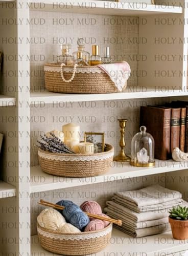 Image of Designer Jute Rope Storage Basket Set of 3| Fruit Basket | Shelve Storage | Hamper Basket |Organiser For Cosmetic /Jewellery With Lace Trim (Beige, Set Of 3, S,M,L)