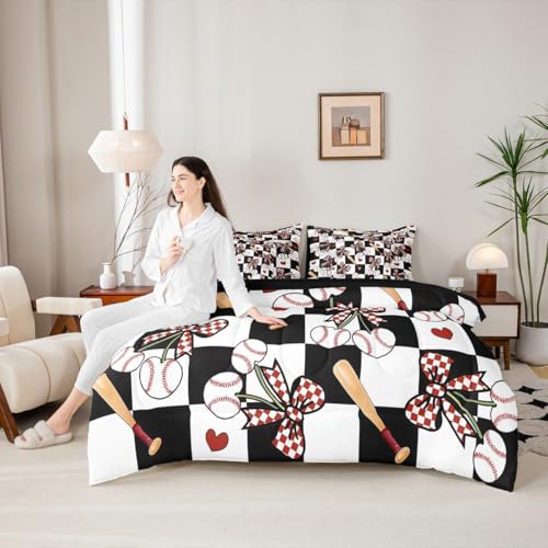 Image of 7 Pcs Baseball Cherry Bow Bedding Sets with Sheets,Comforter,Pillowcases,Pillow Covers Checkered Bowknot Sports Style Comforter Set Black White Patchwork Grid Bedroom Dorm Decor Bed Set,King Size