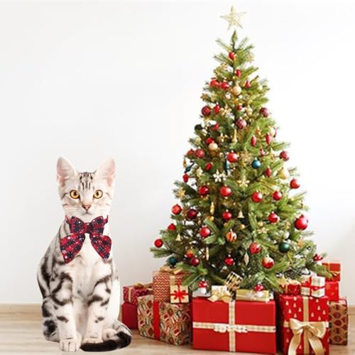 THAIN Coleiras de Natal para gatos com laço elegante, xadrez, coleira de gatinho de Natal com sino,
