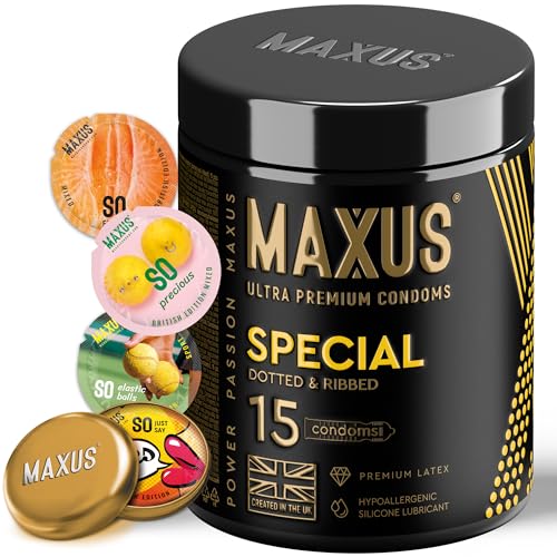 MAXUS Special 15 Dotted & Ribbed Lubricated Condoms for Men Regular Fit Natural Latex Easy-On Shape Premium Quality Includes Stylish Metal Case Pack of 15