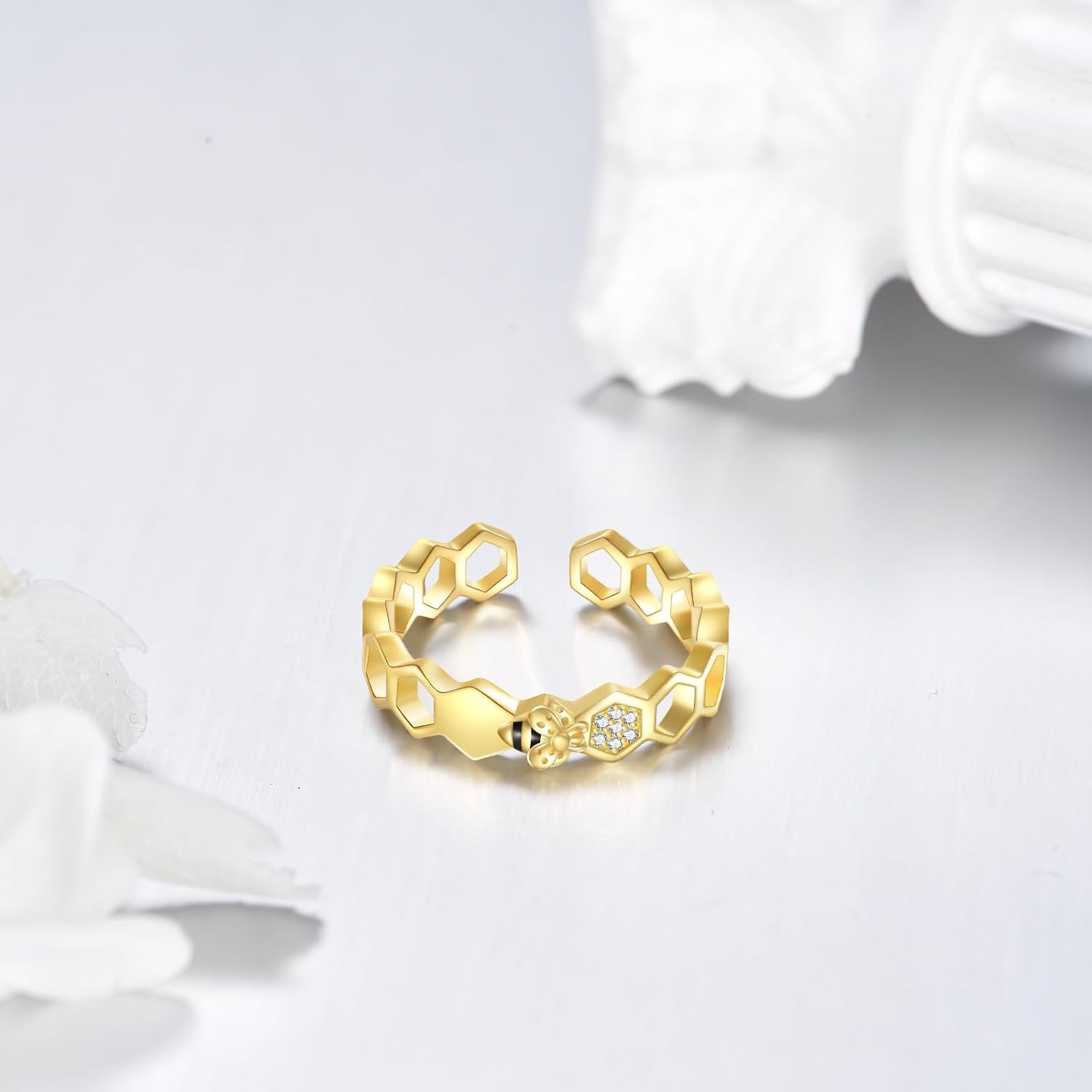 YAFEINI Bee Rings Sterling Silver Honey Adjustable Rings Bee Christmas Jewelry for Women