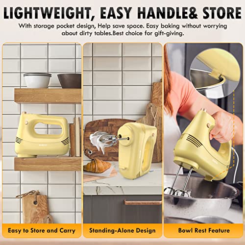 Image of GUALIU Electric Hand Mixer with Stainless Steel Whisk, Dough Hook Attachment and Storage Bag, Handheld Mixer for Baking Cakes, Eggs, Cream Food Mixers. Turbo Boost /5 Speed Kitchen Blender Yellow
