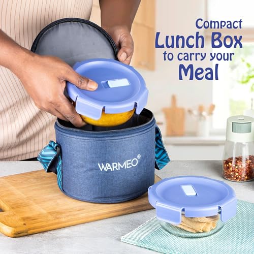 Image of WARMEO BOROFRESH 2 pc Round Borosilicate Glass Container (400 ml Each) | Leakproof, Microwave & Dishwasher Safe Lunch Box with Bag for Office, College & School