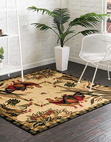 Image of Unique Loom Barnyard Collection Area Rug - Farm (6' 1 inch Square, Cream / Black)