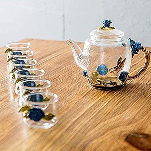 Iamagie Glass Teapot - 280 ml - France Enamel Rose Flower Butterfly Decoration Heat Resistant Glass Teapot Kettle with Strainer for Blooming Tea Loose Leaf Tea (Blue, with 6 Cups)