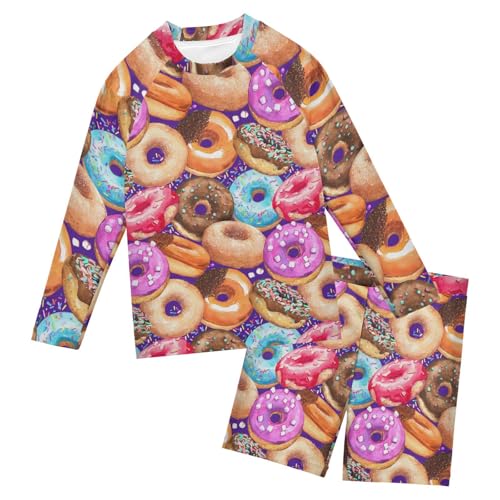 Aflyko Kids' Bathing Suit Set Donut Snack Yummy Long Sleeve Swim Tops with Shorts Summer Vacation Pool Party Rashguard Fun Cute Infant Beachwear, 4T Multicoloured
