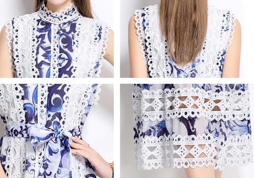 Image of LAI MENG FIVE CATS Women's Sleeveless Hollow Out Lace Button Up Casual Midi Party Dress with Belt