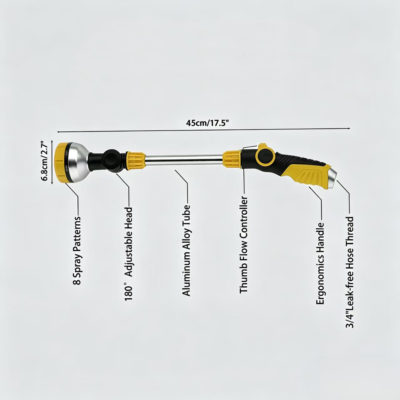 Baguette d'arrosage de 44,5 cm avec contrôle du pouce et buse d'eau à 180° | 8 modes de pulvérisation pour nettoyage à haute pression, bain d'animaux, jardins, paniers suspendus | Compatible avec les