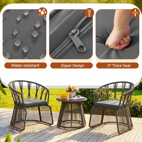 Image of DEVOKO Outdoor Rope 3-Piece Patio Furniture Set with Cushions & Glass Top Table, All-Weather Balcony Chairs Set for Garden & Lawn (Grey & Dark Grey)
