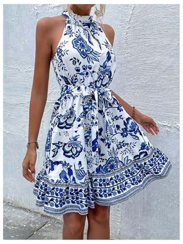 Floerns Women's Floral Sleeveless Halter Dress Flounce Hem Belted A Line Dresses2