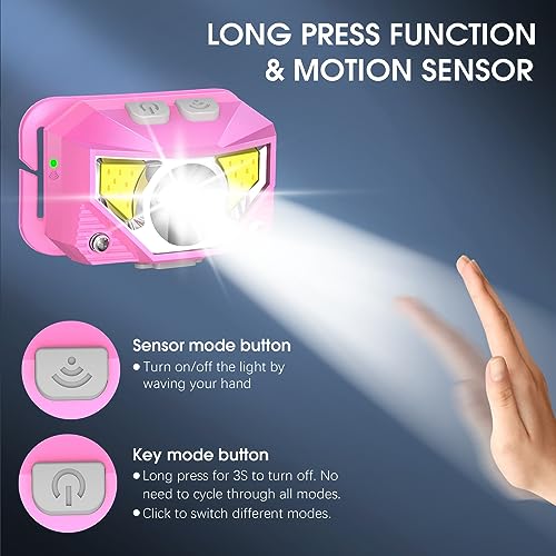 Image of LHKNL Headlamp Flashlight, High Lumen Bright LED Rechargeable Headlight with White Red Light, 2-Pack Waterproof Motion Sensor Head Lamp, 8 Mode for Camping Running Hiking Fishing Gear- Pink