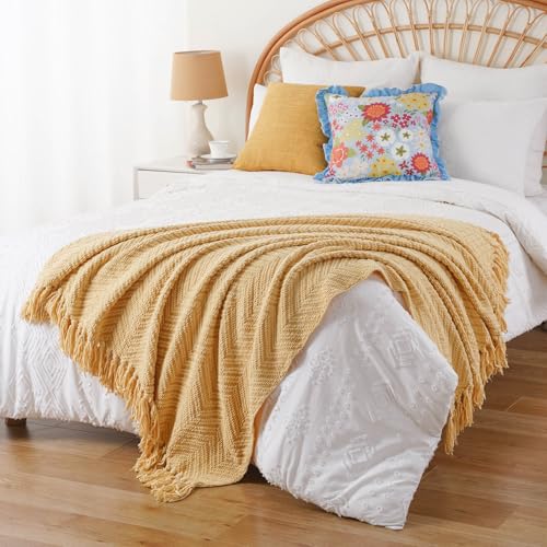 Image of BATTILO HOME Gold Throw Blanket for Couch, Knit Yellow Throw Versatile for Chair, Super Soft Warm Mustard Throw Blanket with Tassels for Twin Bed, Sofa and Living Room, 60 inchx80 inch