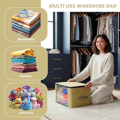 Image of Storite 2 Pack Nylon Wardrobe Bag Underbed Moisture Proof Cloth Storage Organizer, Storage box for Clothes Saree Bags with Zippered Closure & Handle (Khaki,38x34.5x22 cm)