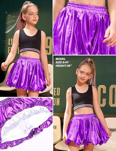 Image of Perfashion Girls Bubble Skirt Metallic Puff Balloon Cute Mini Skorts Dance Outfits with Shorts 4-13Y