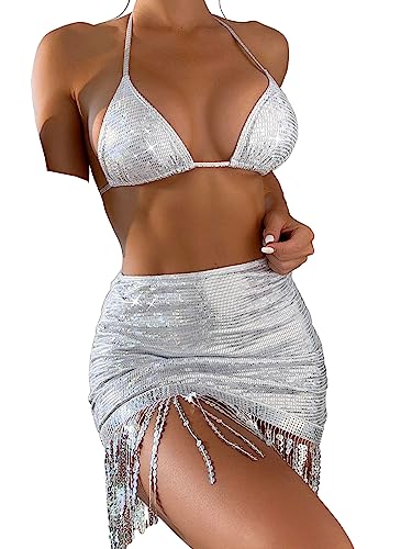 Women Bikini Sets Sparkly Glitter Contrast Sequin Halter Micro Triangle Swimsuit with Beach Skirt