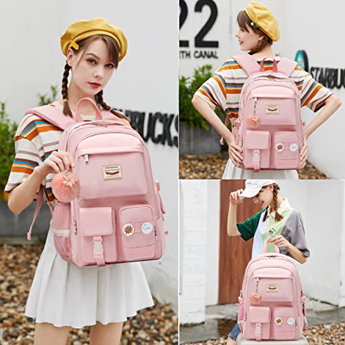 School Backpack for Teen Girls Women College Laptop Backpacks Kids Cute Bookbag Set with Lunch Box Pencil Case Elementary Middle High Campus Bag 3 Pcs Students Bookbags Sets Travel Daypack-Pink3