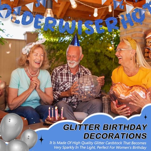 Image of Fulmoon Set of 3 Pre Strung Older Wiser Hotter Glitter Banner Funny Birthday Banner for Women 30th 40th 50th 60th 70th 80th Birthday Party Decorations Sign Gift(Navy Blue)