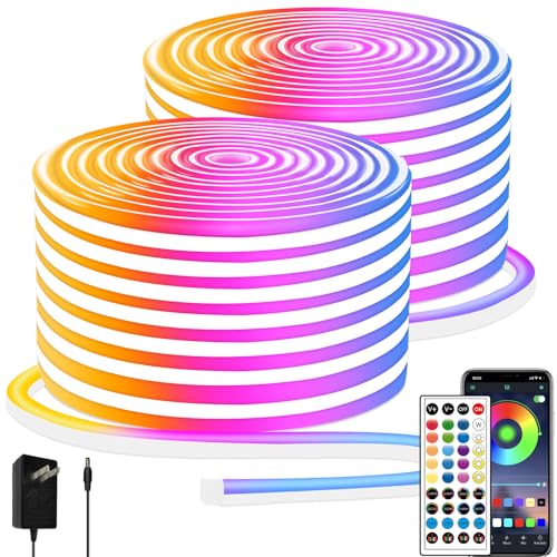 Image of 100FT Neon Rope Light,24V IP65 Waterproof RGB LED Strip Lights | Neon Lights with 40 Key Remote and APP Control for Bedroom,Multiple Modes for DIY Design(2 Rolls of 50ft with Snap &Screws)