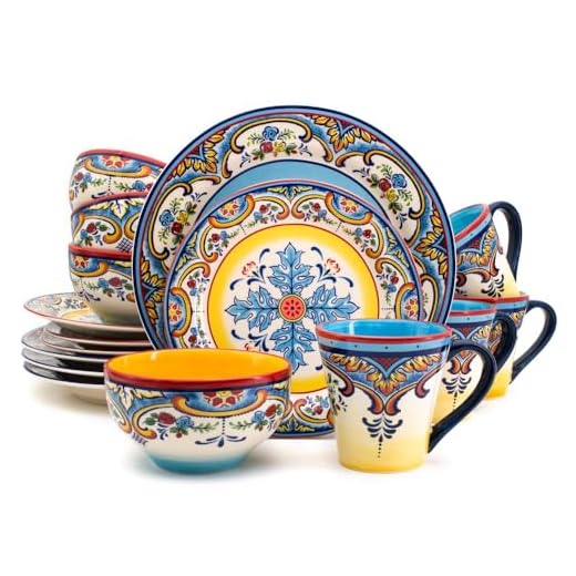 Euro Ceramica Zanzibar Collection Vibrant 16 Piece Oven Safe Stoneware Dinnerware Set, Service For 4, Spanish Floral Design, Multicolor