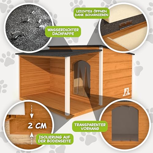 Outentin Hundehütte Isoliert Winterfest XL - Hundehaus mit Flachdach & Terrasse Für Große Hunde - Stabile Hütte für Draußen - Wetterfest Haus mit Wärmedämmung - 123 x 105 x 73 cm - Eiche