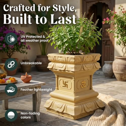 Image of YUCCABE ITALIA FOXB Tulsi Planter Stylish German Polymer Square Pot for Outdoor and Indoor Use (Beige, 24 Inch)