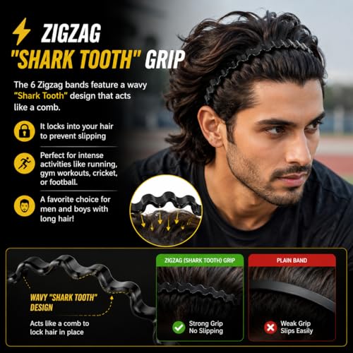 Image of 12 Pcs Hair Band Combo for Men & Women - 6 Zigzag Shark Tooth + 6 Plain Skinny Headbands | Non-Slip Sports Hair Bands for Gym, Running, Face Wash & Daily Use | Hair Hoops for Girls & Boys