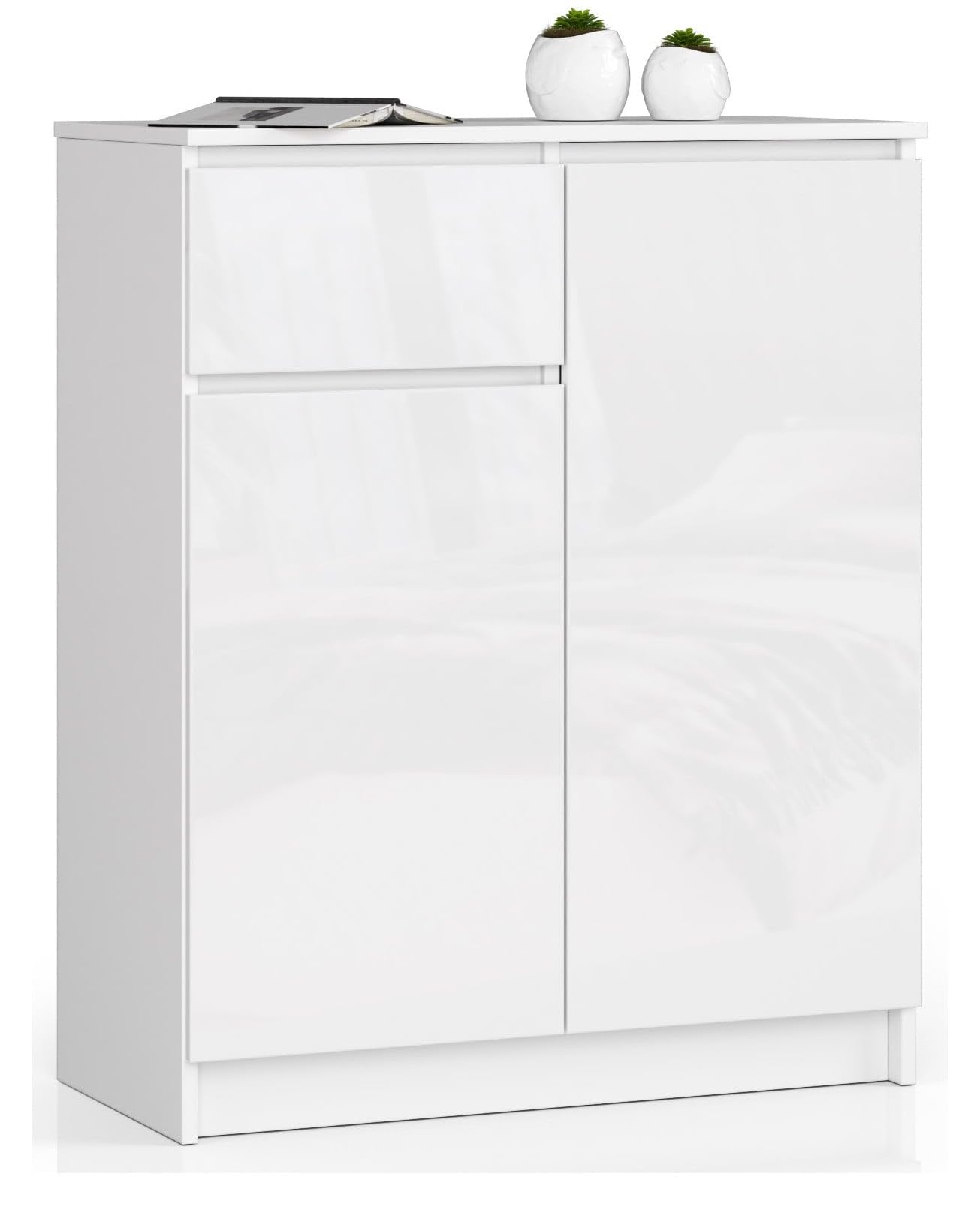 AKORD Cassettiera K80 con 2 ante e 1 cassetto | Mobiletti Ingresso Bagno | Armadio Cameretta | Comodino | Design moderno | L80 x H99 x P40 cm, peso 34 kg | Bianco & Bianco Lucido Frontale