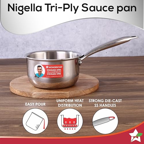 Image of Wonderchef Nigella Tri-Ply 14 cm Sauce Pan | 1.2 Liters | 2.5 mm Thickness | Silver | 10 Years Warranty