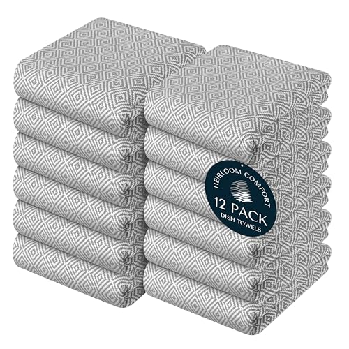 HEIRLOOM COMFORT Ash Grey Kitchen Towels 12-Pack, Quick Dry, Diamond Weave, 16"x26", Super Absorbent & Durable, Reusable, 100% Cotton Dish Towels for Drying Dishes, Wiping, and Daily Kitchen Cleanup