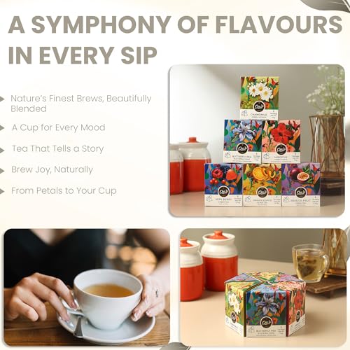 Image of Otler Herbal Tea Sampler - 6 Blends | Hibiscus, Chamomile, Passion Fruit, Berry & More | 30 Herbal Tea Bags (5 Per Blend) | Detox, Relax & Gifting | Caffeine Free | 100g
