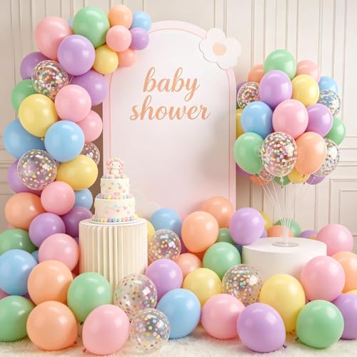 Image of Zesliwy Pastel Balloons Set, 50pcs 12inch Pastel Rainbow Balloon Pink Orange Yellow Balloon and Green Blue Purple Balloons with Colorful Confetti Balloon for Birthday Easter Bridal Shower Party Decor