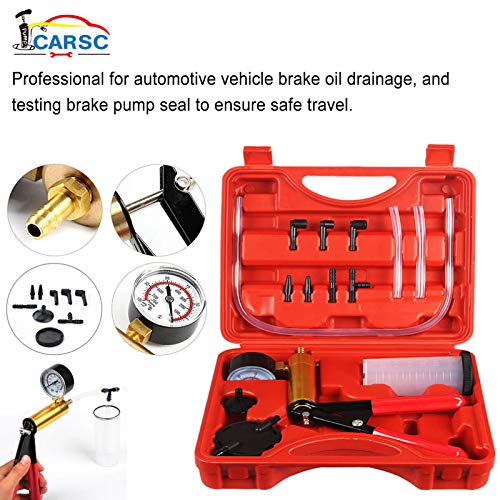 CARSC Hand Held Vacuum Pump Tester Set Vacuum Gauge and Brake Bleeder Kit for Automotive with Adapters Case