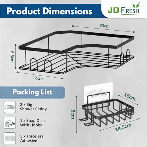 Image of JD FRESH Stainless Steel 3 in 1 Self Adhesive Bathroom Shelf for Wall /Stand for Bathroom Accessories Holder /No Drill Corner Rack for Organiser /Wall Corner Shelf for Bathroom Racks and Shelves(Black)