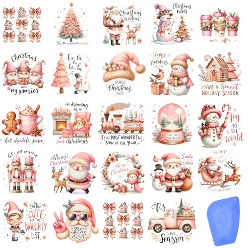 Image of ZMRU 24 Sheets Vintage Christmas Rub On Transfers for Crafts, Rub On Transfers Christmas for Wood,Furniture Decals, Glass, Porcelain, Leather, Canvas, Fabric Projects,3 * 3inch