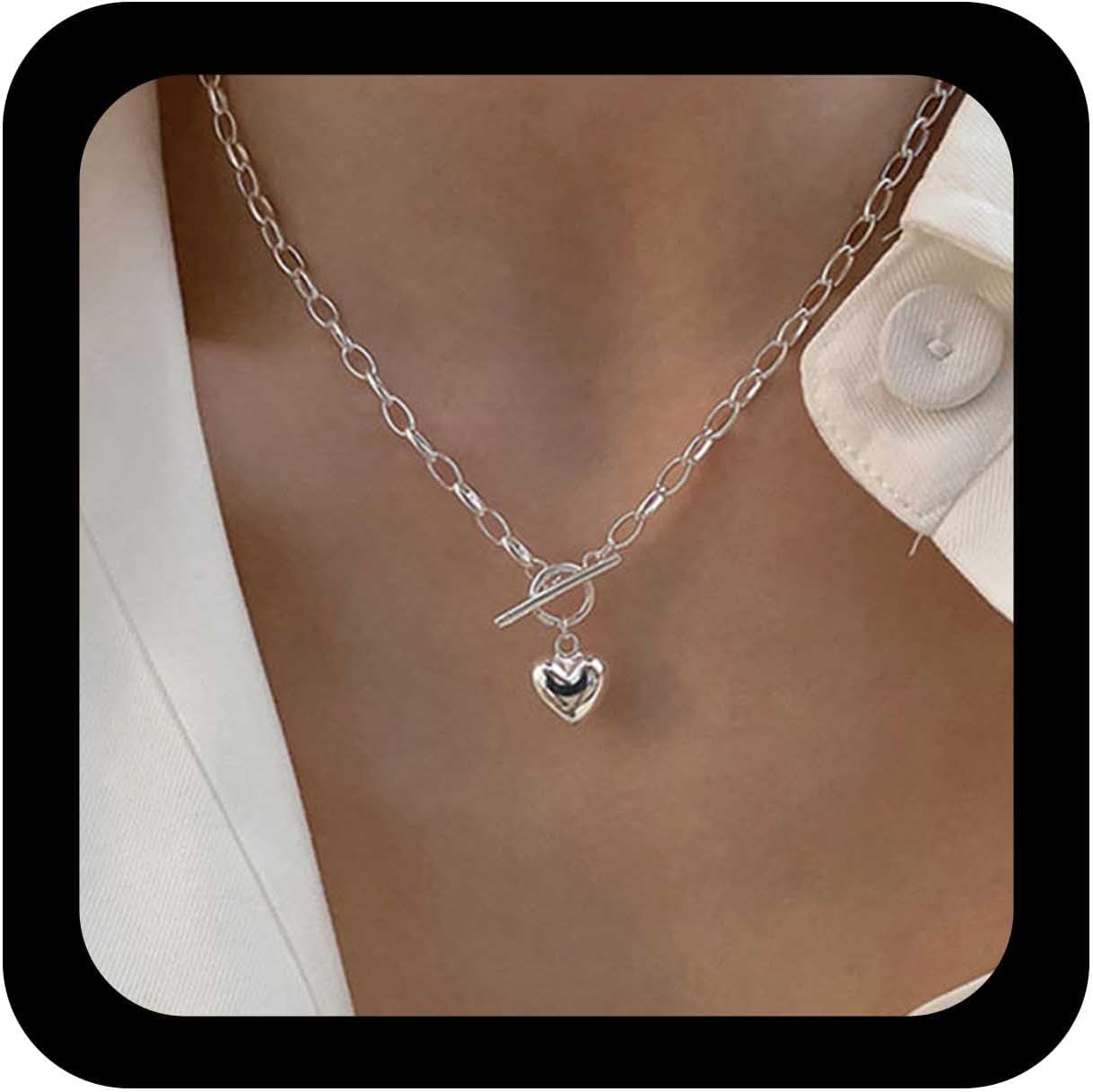 Vintage Puffed Heart Necklace Small Heart Chain Necklace Silver Paperclip Choker Paperclip Link Toggle Clasp Chain Choker Jewelry for Women