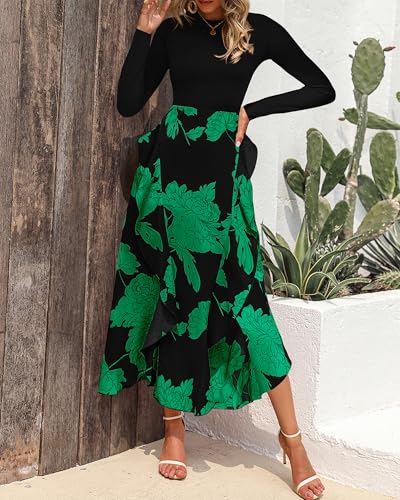 Image of BTFBM Womens Floral Maxi Dress Fall 2025 Casual Crewneck Long Sleeve Ruffle Flowy Cocktail Wedding Guest Dresses