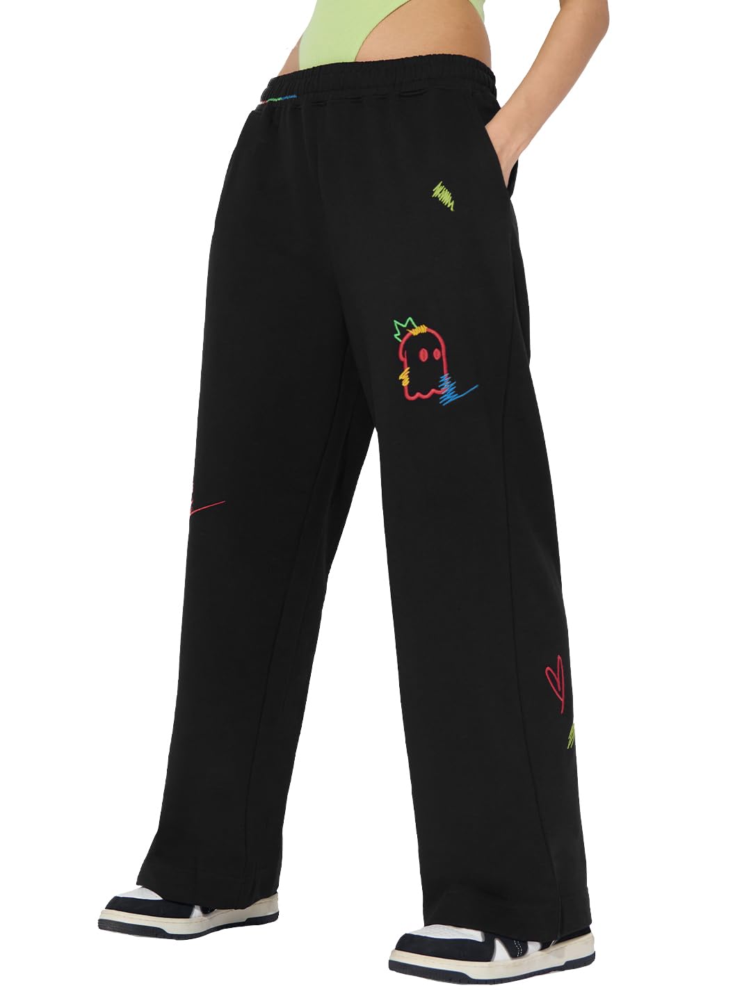 The Souled Store Souled Originals: True Colours Women and Girls Pull On Black Embroidered Cotton Loose Fit Flared Joggers in black