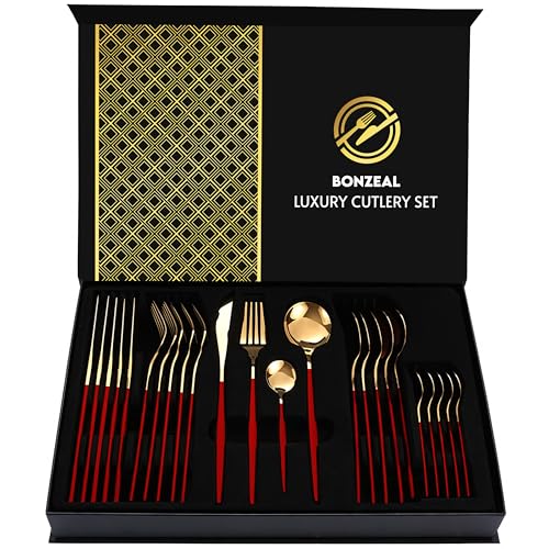 Image of Stainless Steel Red Gold Cutlery Set for 6 Person with Gift Box 24 Pieces Mirror Finish Luxury Premium Flatware Set for Dining Table Hotel Cafe Bar Restaurant House Warming Gifts