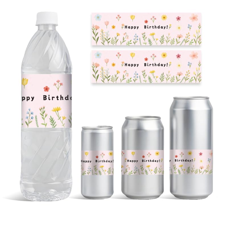GOMAKERER 30 Sheets Birthday Water Bottle Labels, Wild Floral Drinking Water Container Labels Personalized Self-Adhesive Wraps Sticker for Baby Shower Boho Birthday Theme Supplies, 8.5x2.5 Inch
