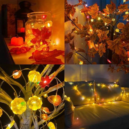 TURNMEON Fall Decor 2 Pack 3D Fall Thanksgiving Pumpkin String Lights Total 40LED/13Ft Thanksgiving Decorations for Home, 3 in 1 Battery Powered Fall Lights Halloween Decor Home Indoor Outdoor