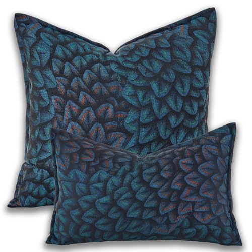 Premium Series Feather Jacquard Throw Pillow Cover, Luxurious Velvet Cushion Case for Bohemian & Elegant Décor, Covers Only, Peacock Blue, 20x20 Inch - Image 4